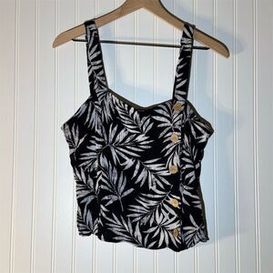 A. Byer Black Palm Print Button Crop Top L Coastal Cowgirl, Boho Y2K, Resort